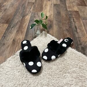 Victoria's Secret Black White Polka Dot Cozy Loungewear Faux Fur Slippers NWT